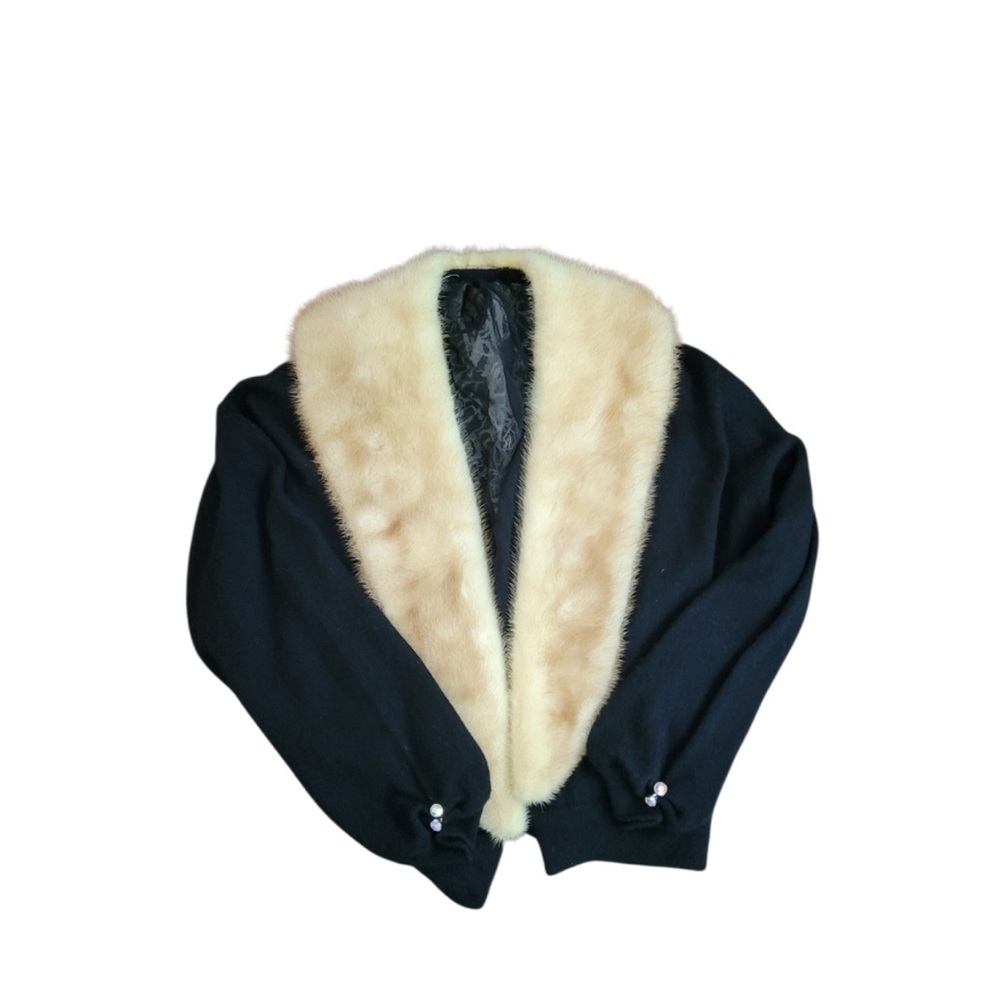 Vintage Pringle Of Scotland Cashmere Cardigan Sweater Jacket Mink Fur Collar S-M - Picture 4 of 11